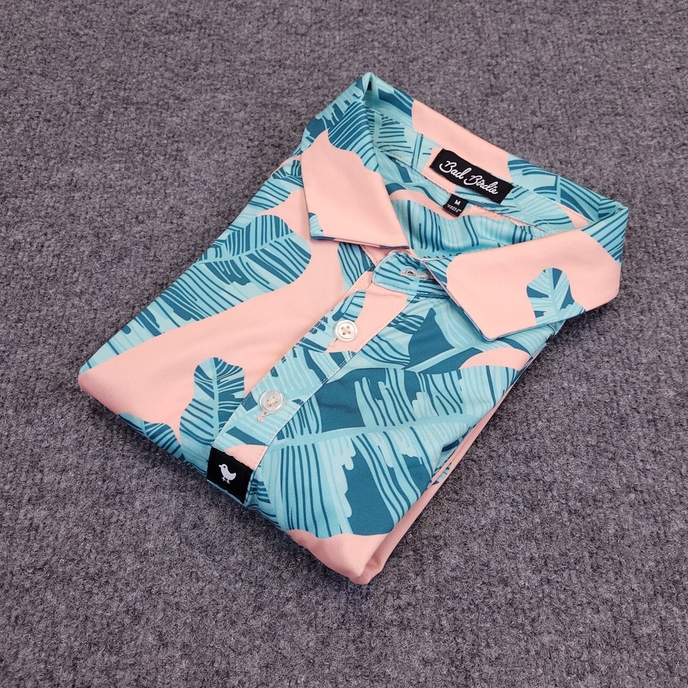 Bad Birdie Hawaiian Golf Polo Sz M Pastels Floral Print Poly Stretch Aloha Beach